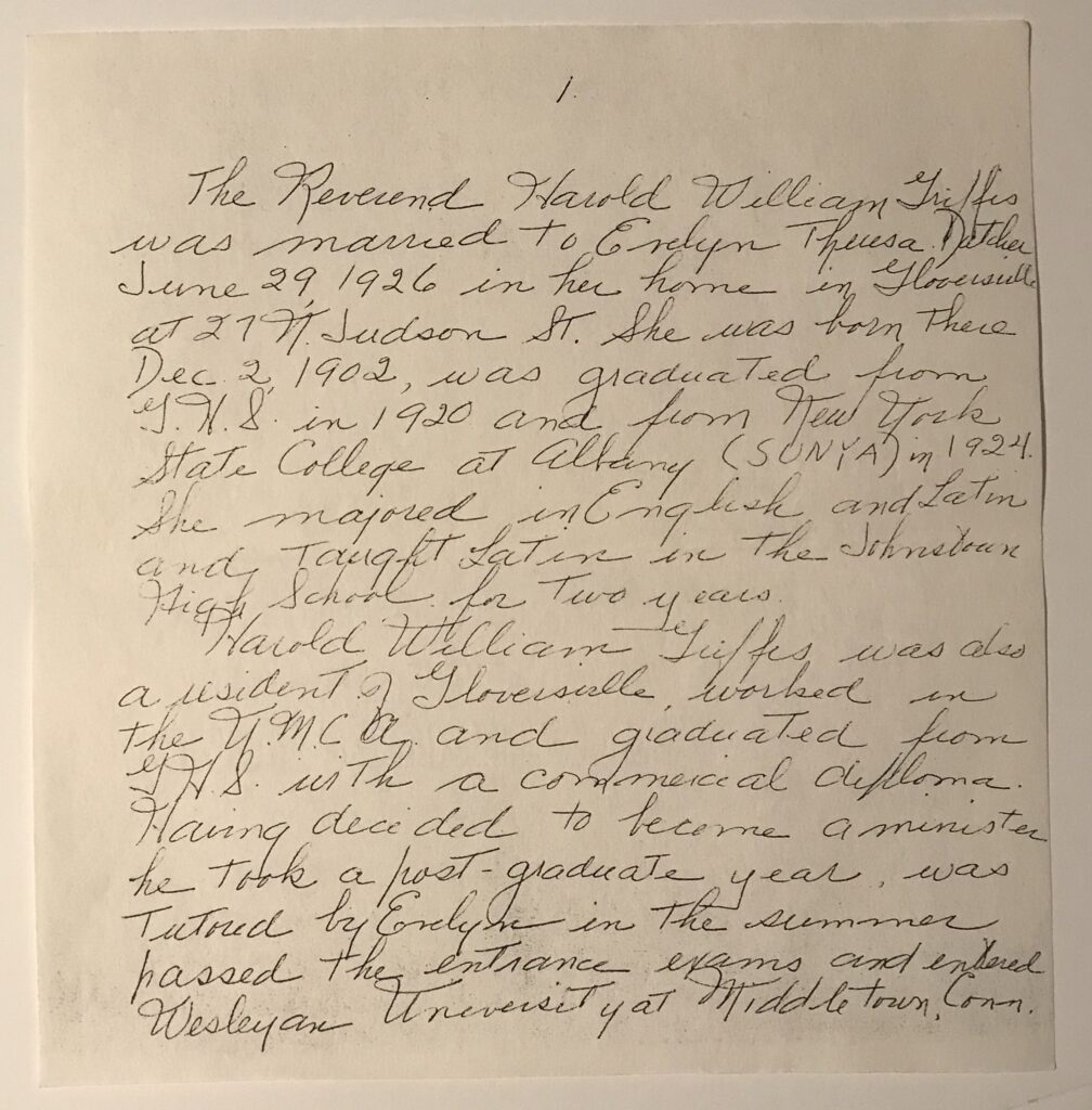 Handwritten letter by Evelyn Griffis on ancestry information for Dutcher Family